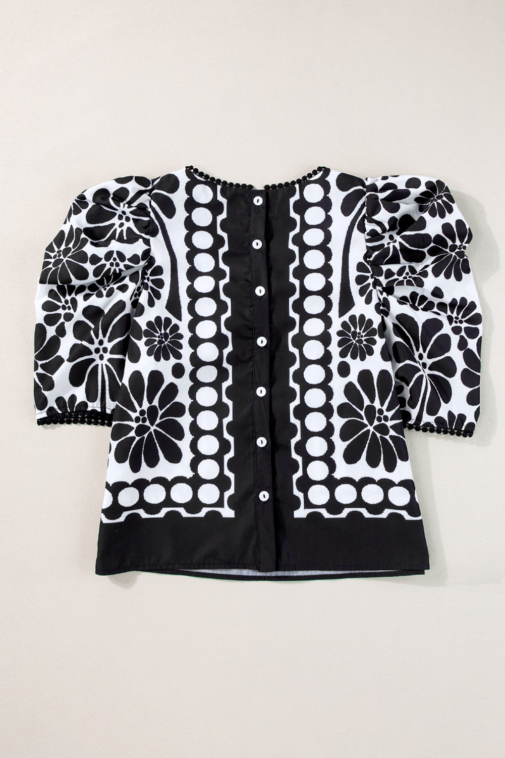 Black Floral Print Button-up Puff Sleeve Blouse