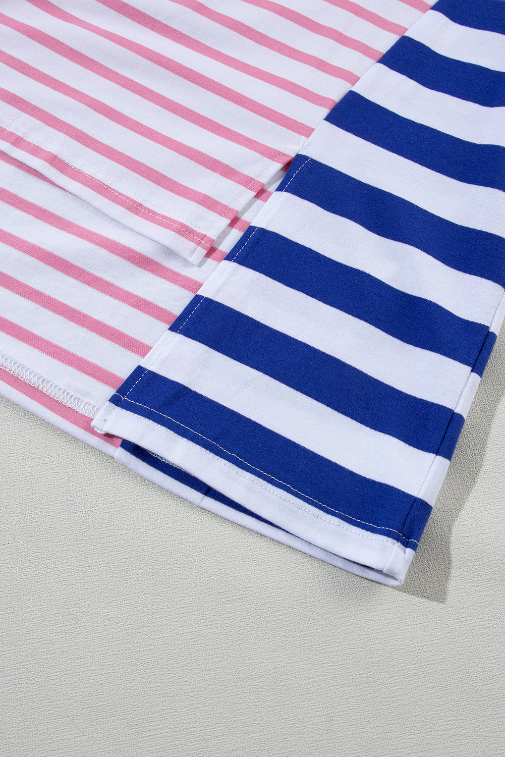 Blue Stripe Patchwork Slits Baggy T Shirt