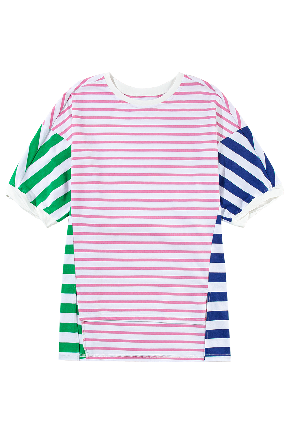 Blue Stripe Patchwork Slits Baggy T Shirt