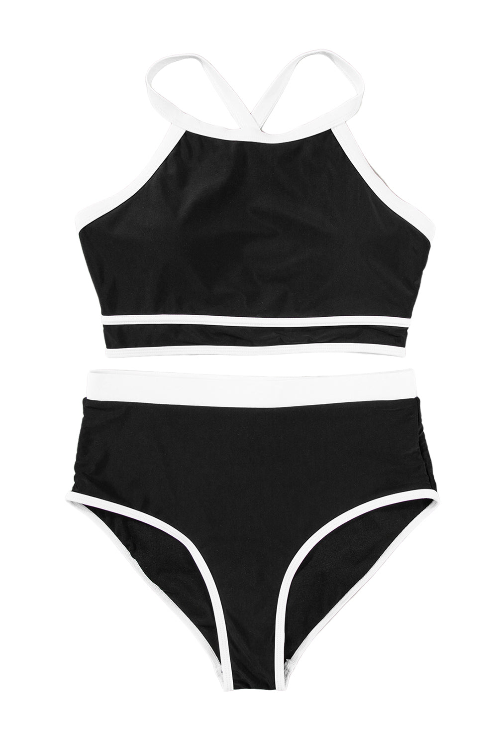 Black Contrast Trim Crisscross Back High Waist Bikini Set