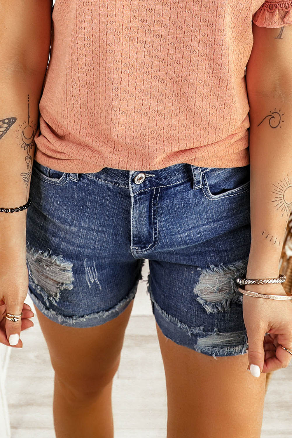 Dark Blue Casual Ripped Rolled Hem Denim Shorts