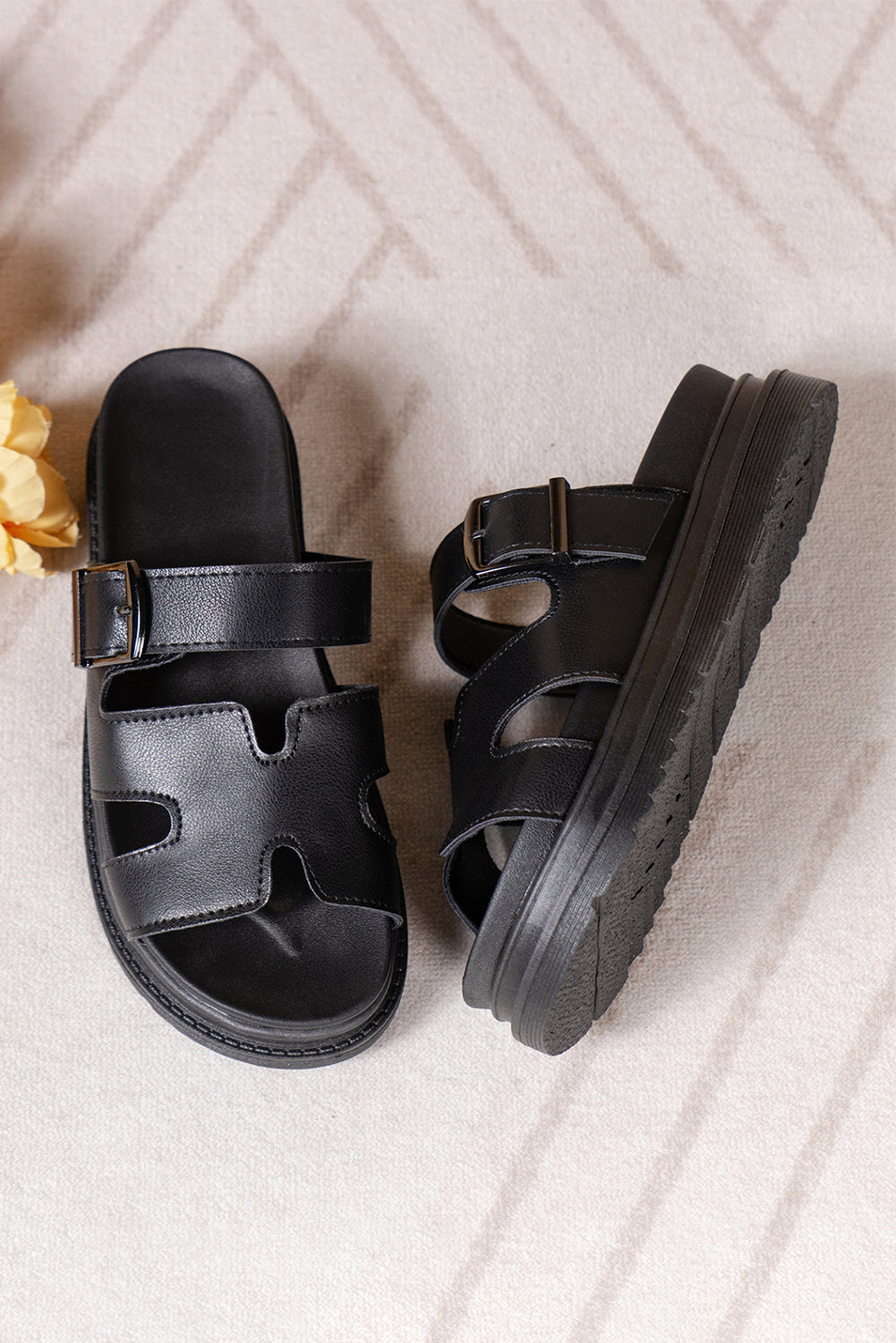 Black Solid Color Leather Buckle Strap Slides Shoes