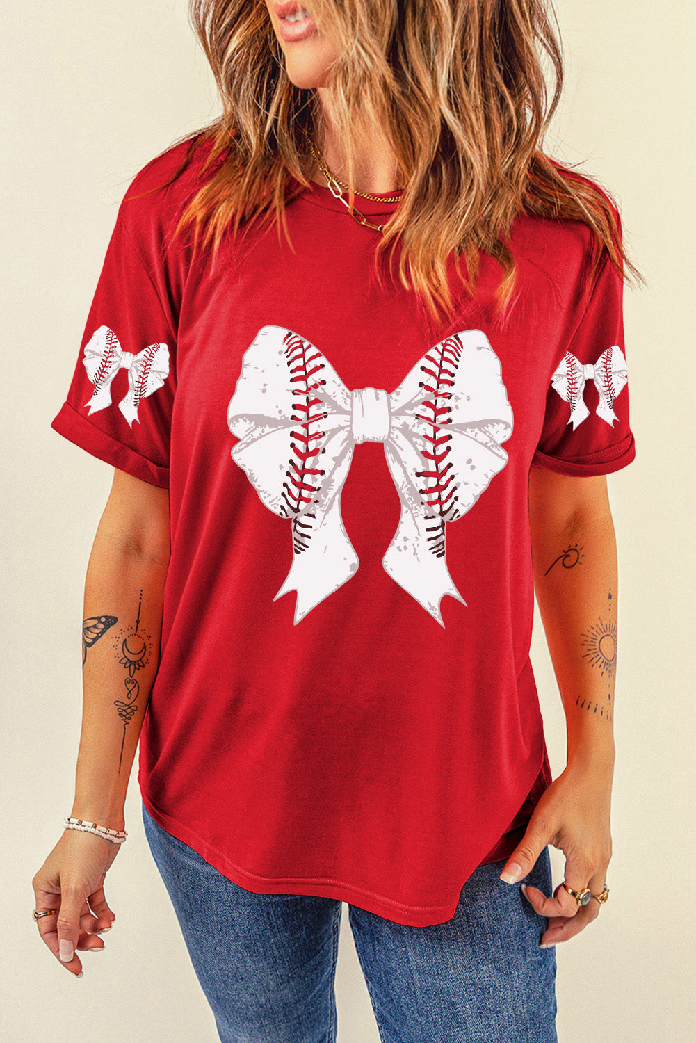 Black Casual Bow Tie Print Baseball Graphic Tee