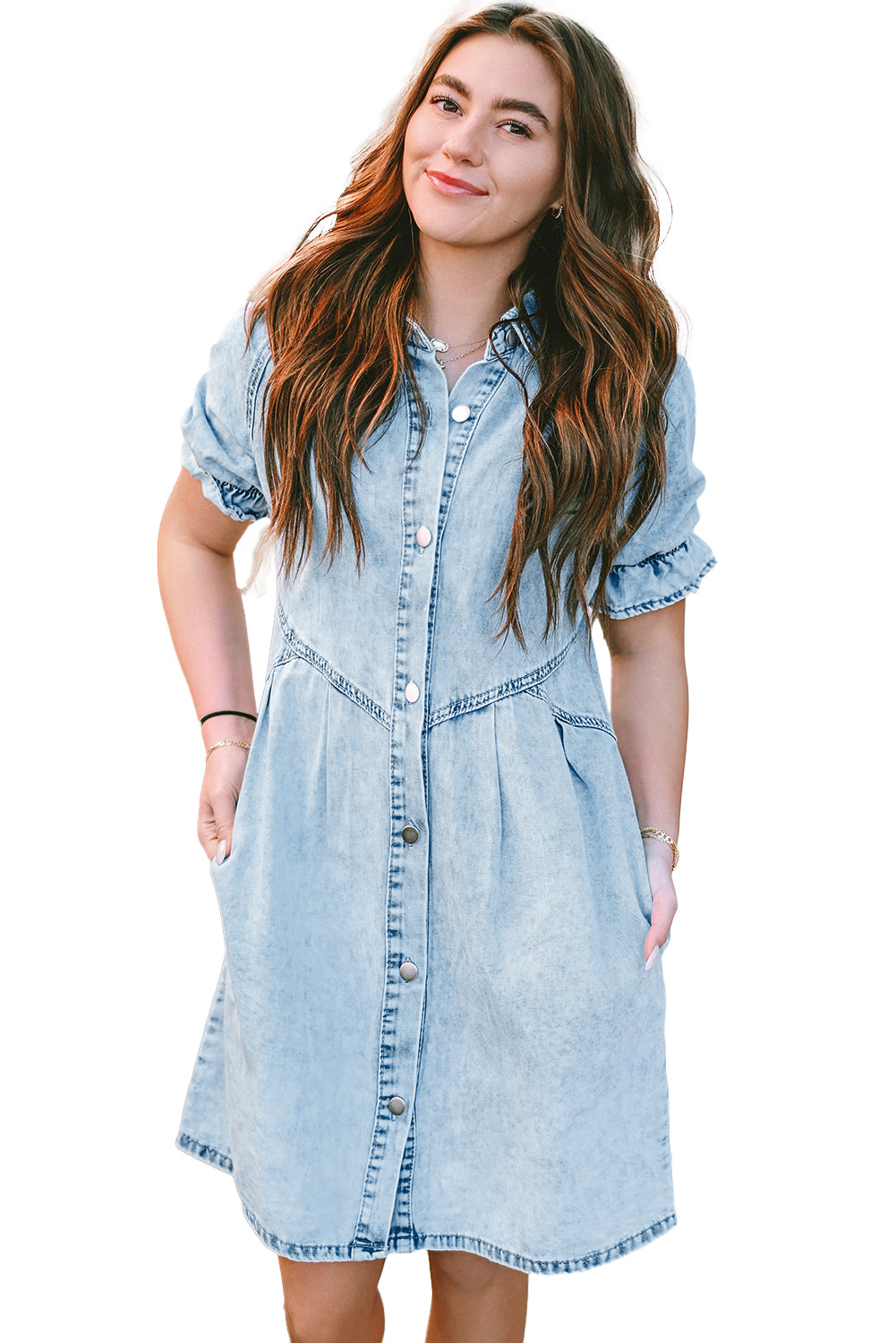 Blue Mineral Washed Ruffled Short Sleeve Pocketed Denim Dress