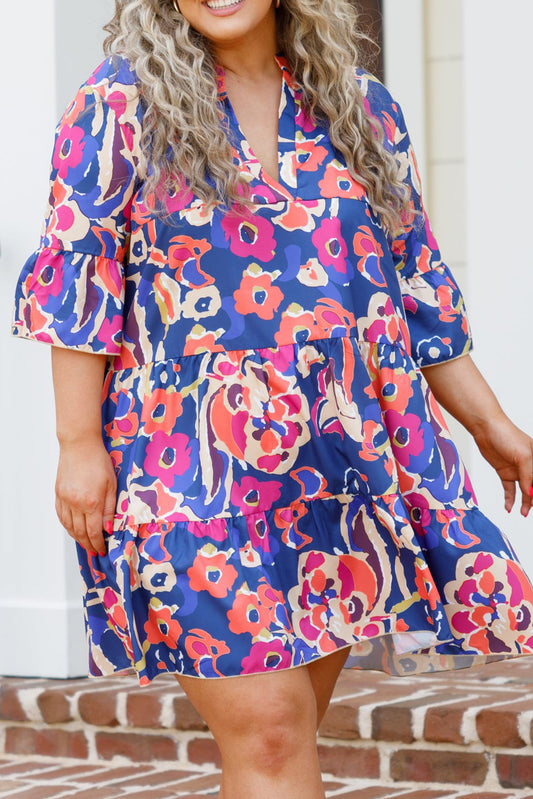 Blue Plus Size Floral Print Bell Sleeve Mini Dress