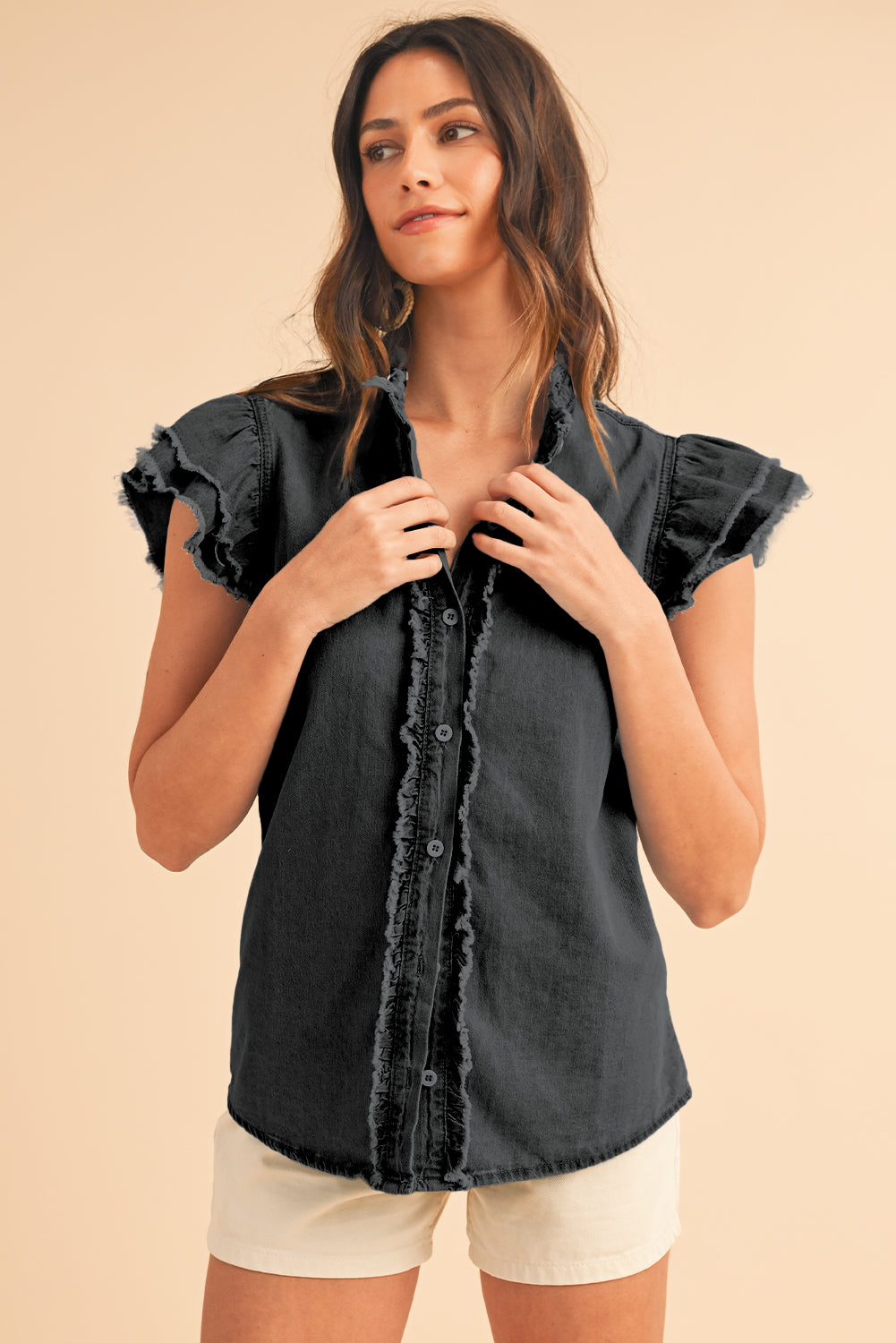 Beau Blue Button Front Ruffled Flutter Frayed Denim Top