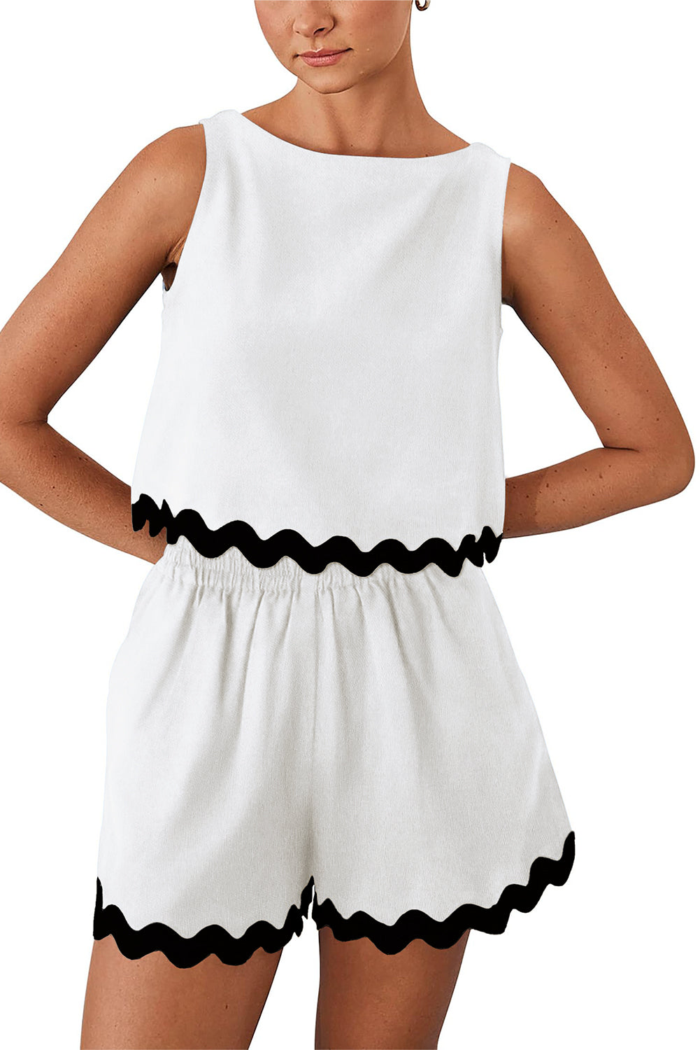 Black Ricrac Applique Sleeveless Top and Pocketed Shorts Set