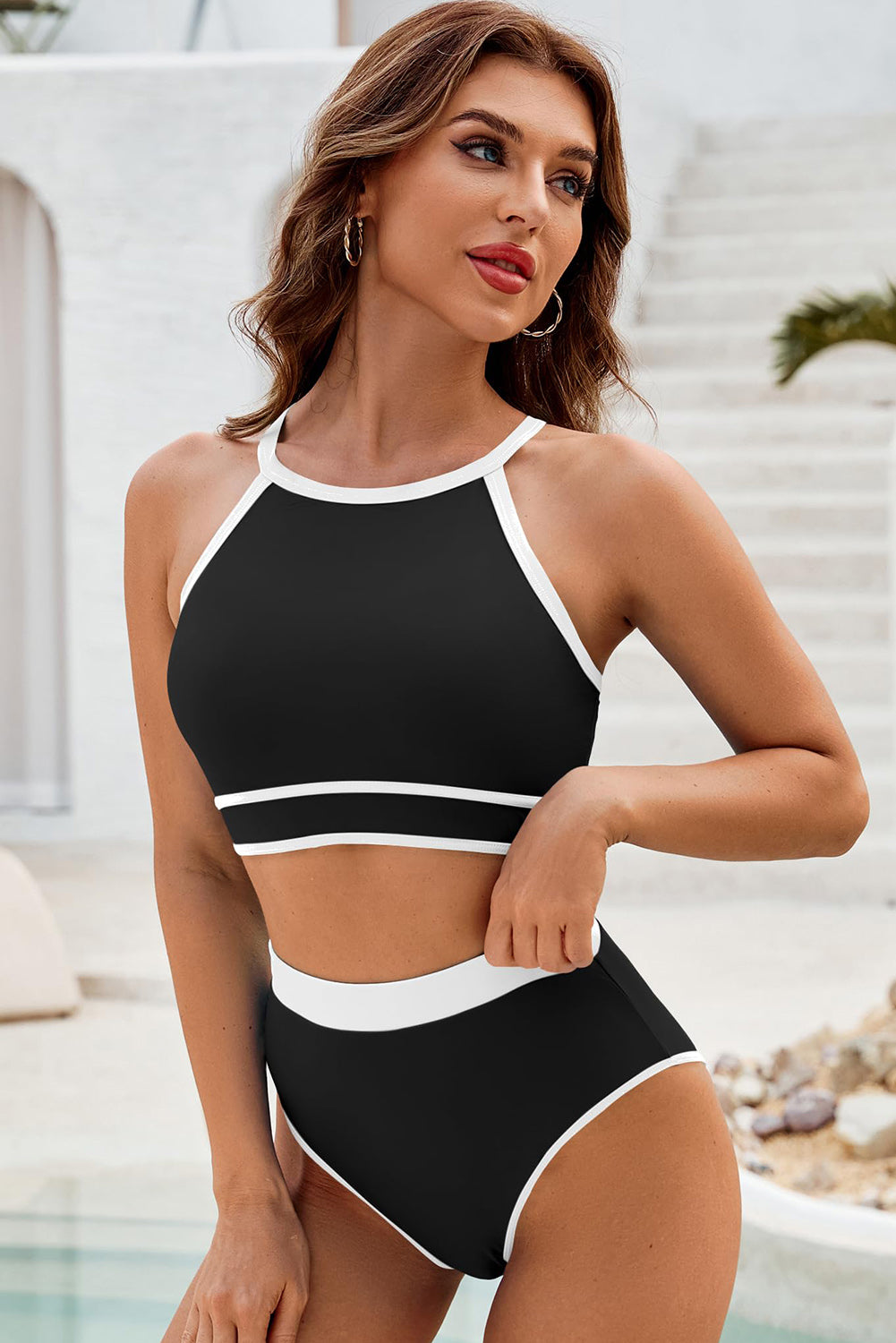 Black Contrast Trim Crisscross Back High Waist Bikini Set