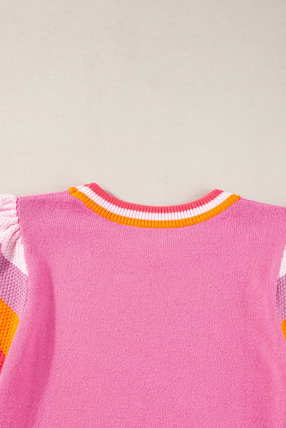 Bright Pink Contrast Sleeve Striped Round Neck Knitted Tee