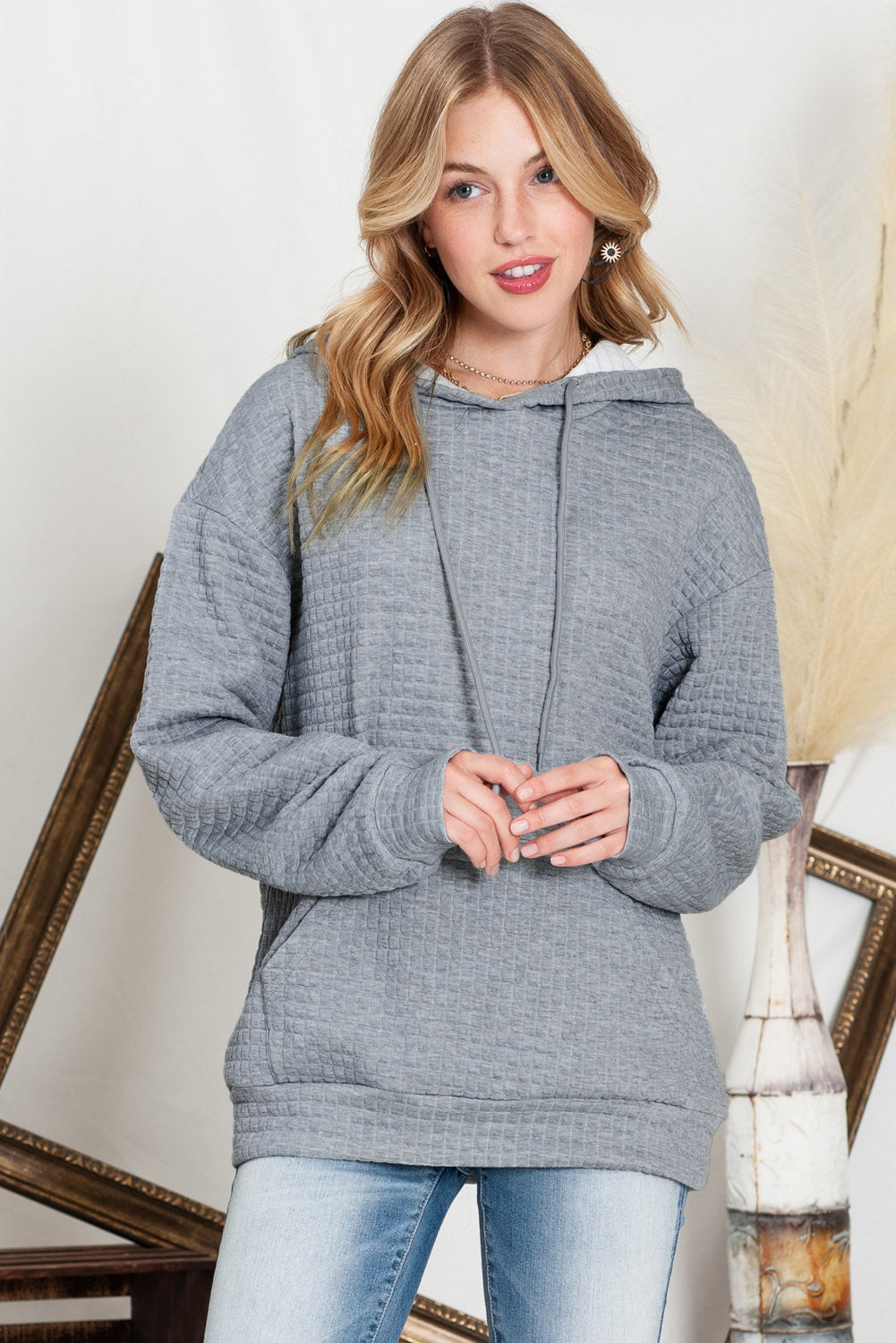 Black Lattice Textured Kangaroo Pocket Drawstring Hoodie