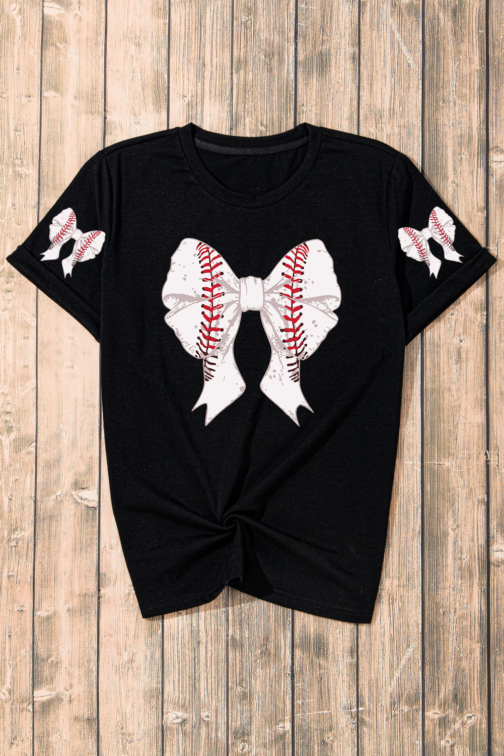 Black Casual Bow Tie Print Baseball Graphic Tee