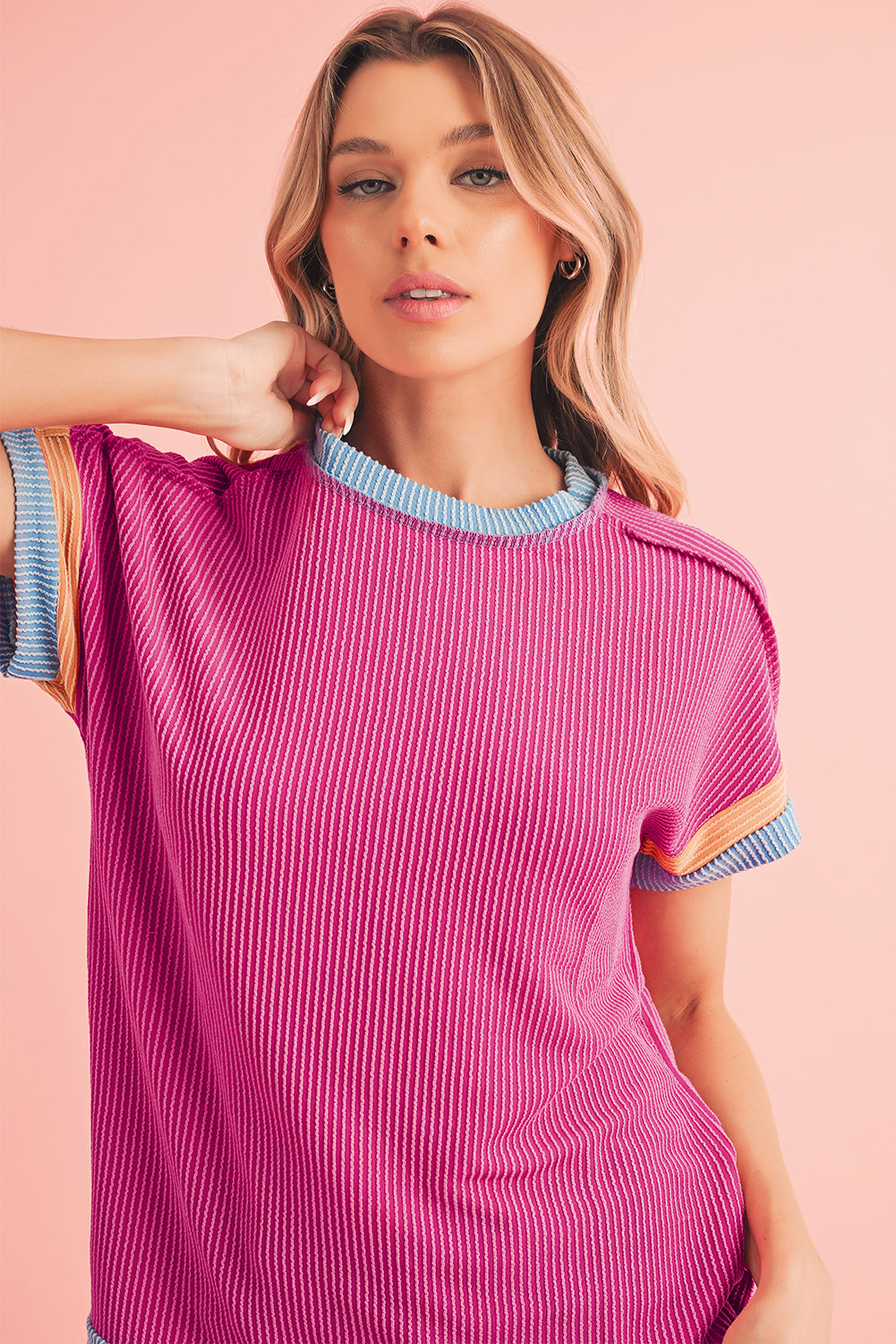 Bright Pink Textured Contrast Color Round Neck T Shirt