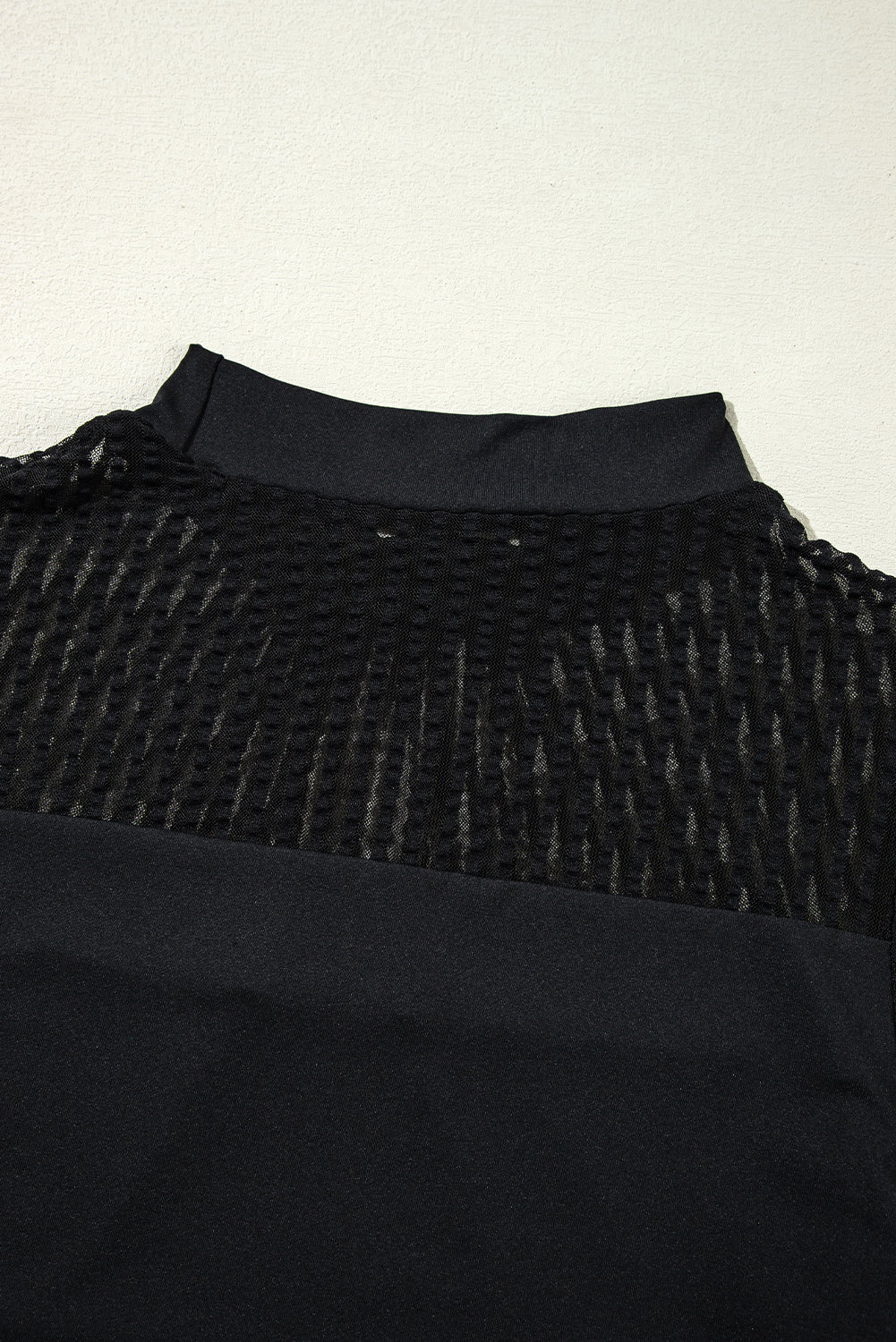 Black Stand Collar Striped Mesh Lantern Sleeve Top