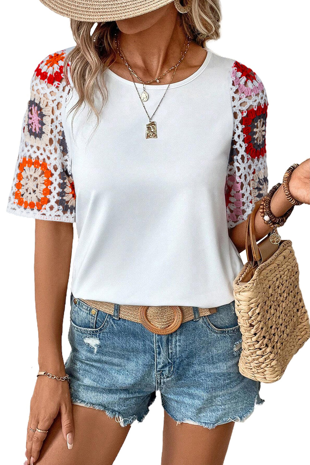 Black Floral Hollowed Crochet Sleeve Boho T Shirt