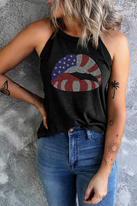 Black Rhinestone American Flag Lip Shape Graphic Tank Top